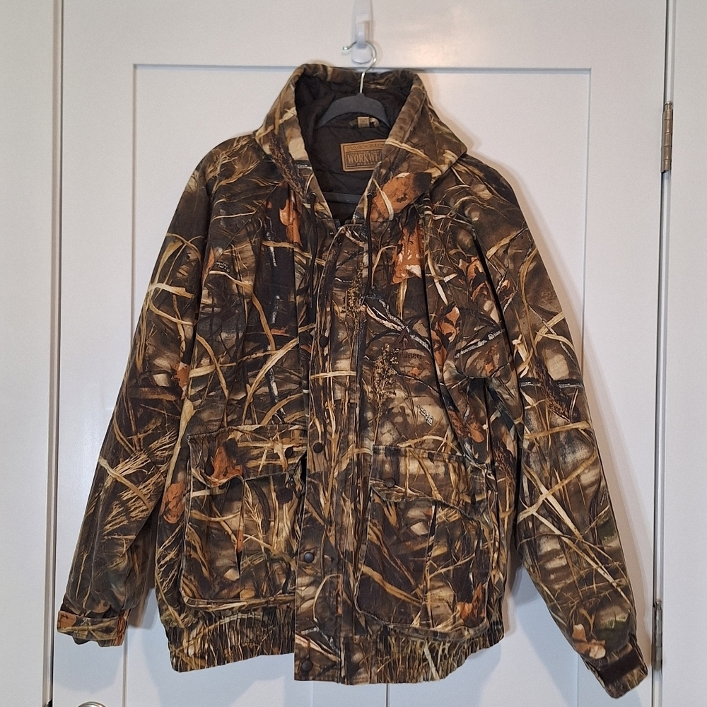Swingster Vintage Workwear Jacket Camo Hooded Advantage Quilted Heavy Duty XXL